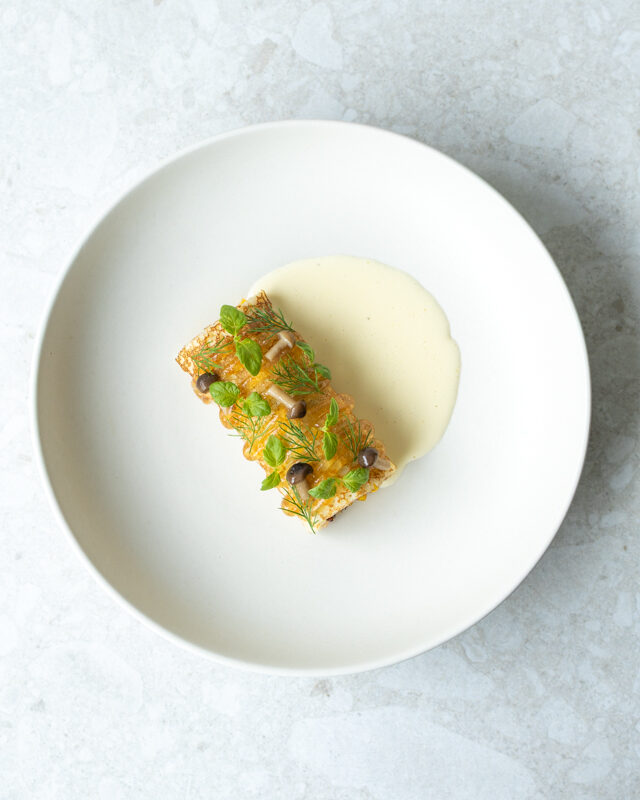 AUGUST  The last month of summer - fresh, light, and full of colour.  Chantarelle - Corn - Gammel Knas  Ceviche - Sea buckthorn - Chili  Jerusalem artichokes - Fermented asparagus - Pine shoots  Plum - Chocolate - Umeshu  Wiener Schnitzel  Potato bread - Fresh cheese - Lemon  Tomato - Mackerel bottarga - Bisque  Pork - Miso - Orange  Buttermilk - Elderflower - Honey