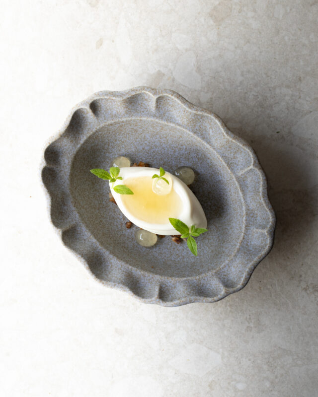 Goat Cheese Ice Cream – Fermented Honey – Oats  Goat cheese in a new form, paired with fermented honey and oats for a simple, balanced finish.  Try it on our seven-course menu in October 🍁